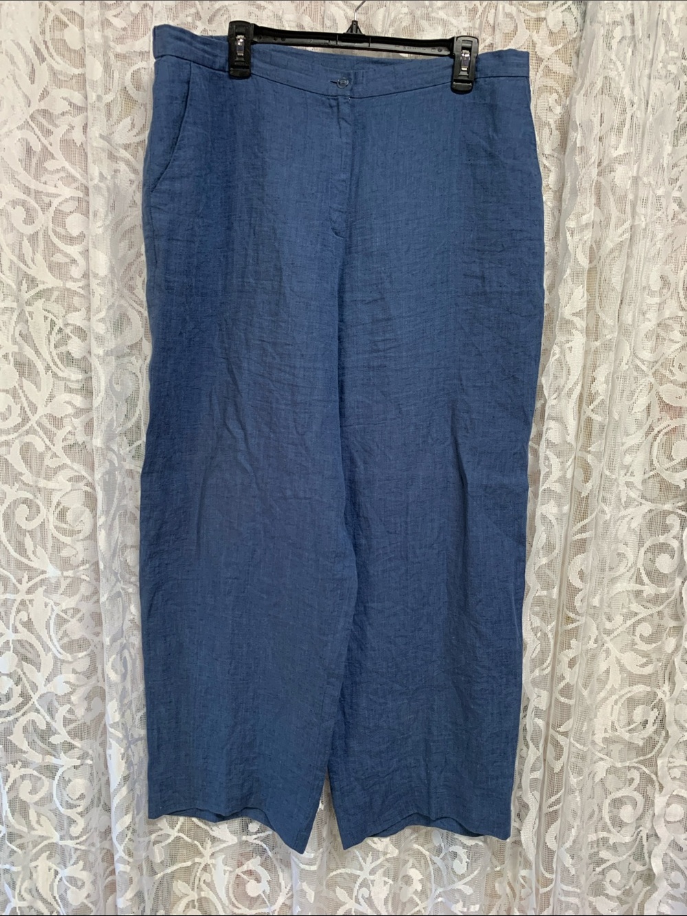 Evan Picone Blue Wide-Leg Linen Blend Chinos